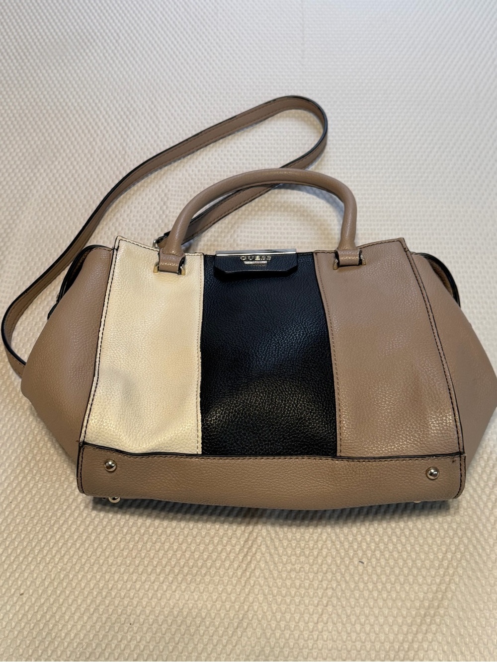GUESS Ryann Satchel Colorblock Crossbody Handbag Beige Black Cream - Picture 2 of 16